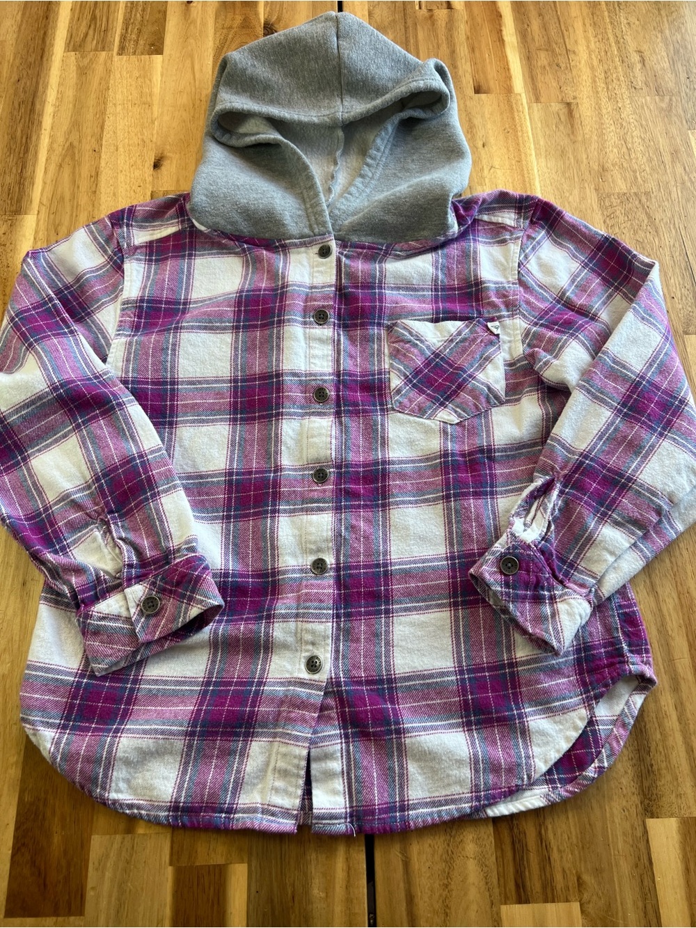 Roxy Girls Hooded Plaid Flannel Shirt Jacket Shacket Pink Gray Size L 14/16